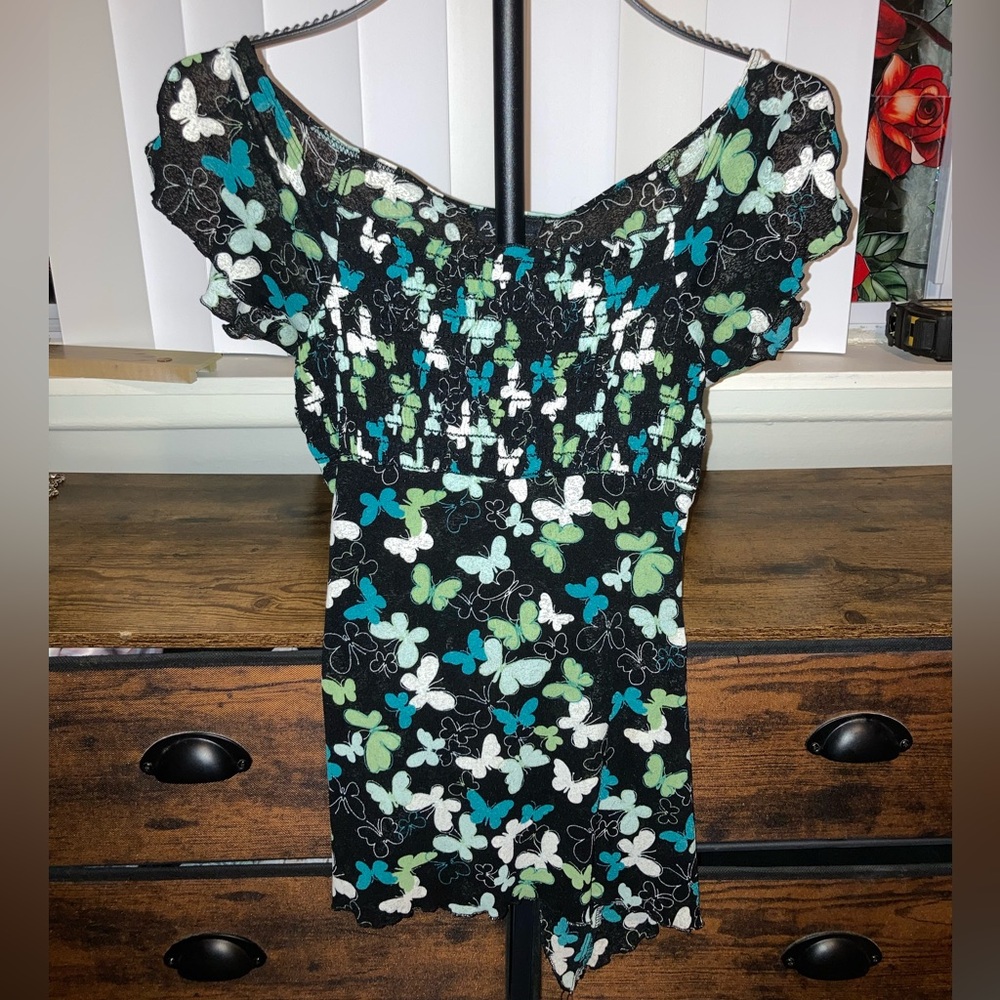 Butterfly Black Dress with Blue and Green Accents